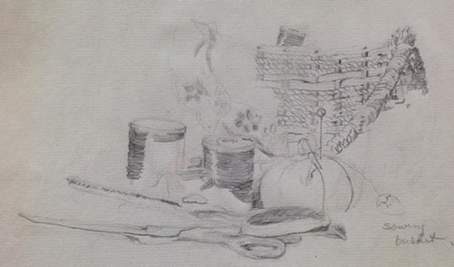 Sewing Basket, (note that I spelled “sowing” wrong on the drawing), No 2 pencil, 8”X12”, 1961 