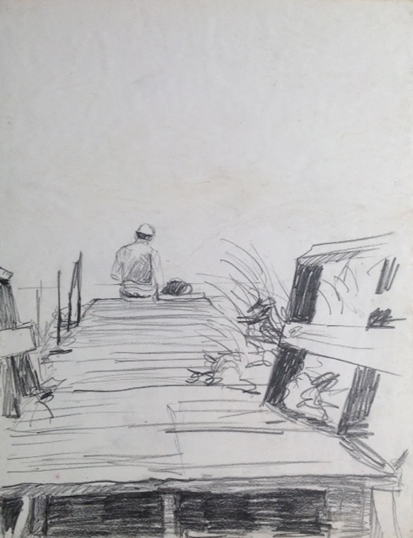 Three Loves, the beach, drawing, and Gordon, Fire Island Vacation, from the sketchbook, Graphite on paper, 16”X14”, 1986